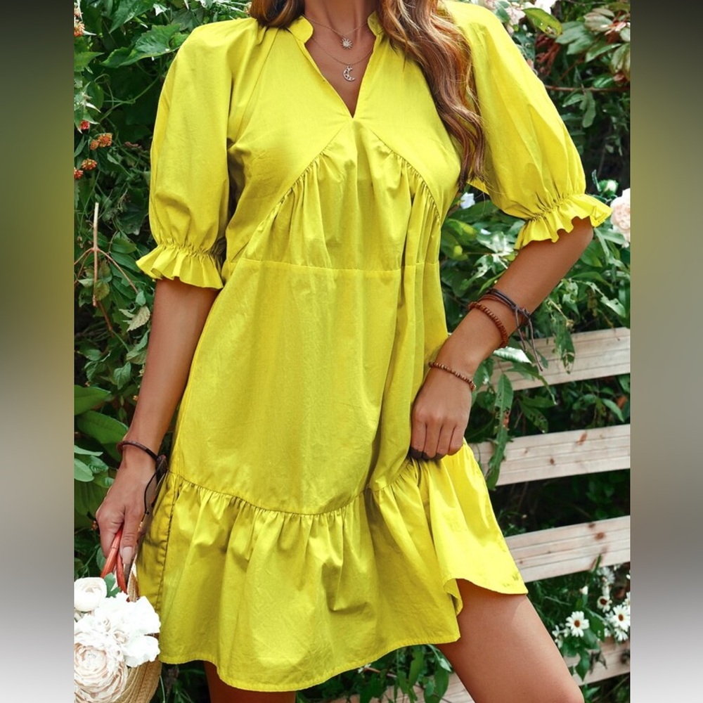SHEIN Notch Neck Ruffle Hem Dress Yellow - Picture 4 of 5